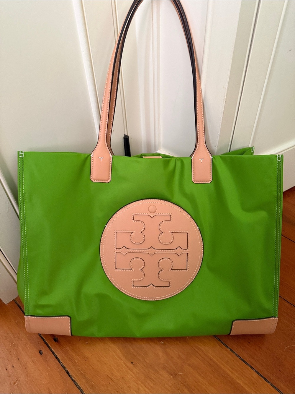 Tory Burch Green Nylon Tote with tan  Leather Details